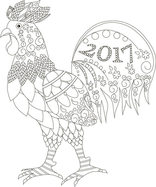 Stilizált kakas, 2017-ig, fekete és fehér kézzel rajzolt vektoros illusztráció - Vektor, kép