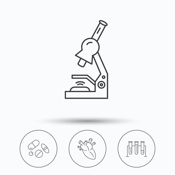 Microscope, medical pills and heart icons. - Vector, Image