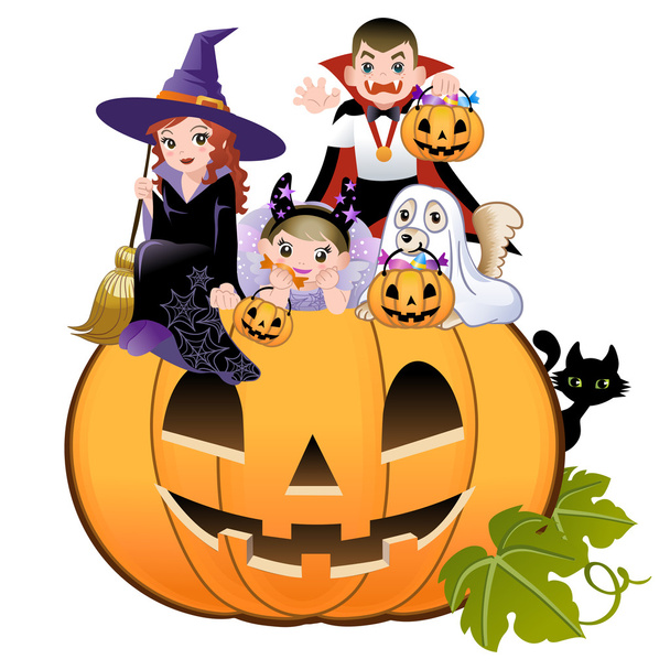 Halloween-Kinder tragen Kostüm auf riesigem Jack-o-Laterne, weißer Hintergrund - Vektor, Bild