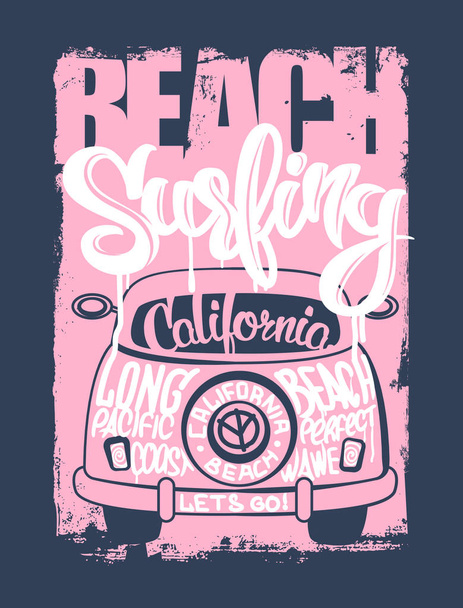 Graphic for apparel. Beach surfer emblemT shirt - Vector, Image
