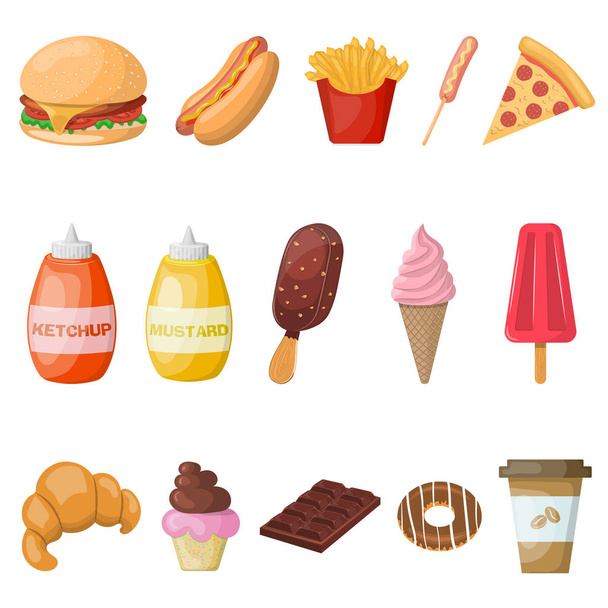 Set of colorful cartoon fast food icons. - Vector, Image