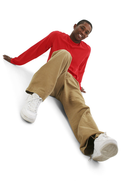 Casual Young Man in Khakis and Long Sleeve Red Shirt - Photo, image