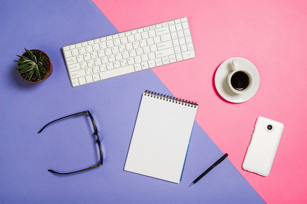 Flat lay photo of a creative freelancer woman workspace desk with copy space background. - Photo, Image