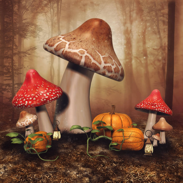 Fairy mushrooms and pumpkins - Photo, Image