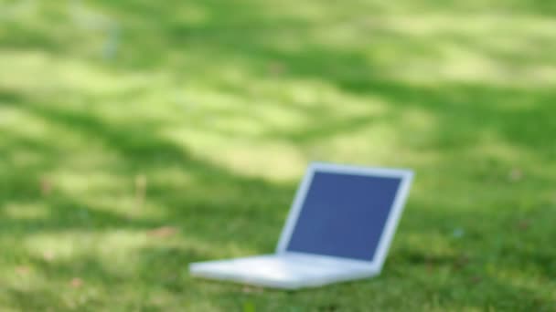 Beautiful business woman relaxing on grass with laptop - 映像、動画