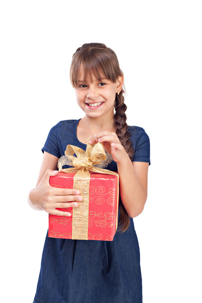 Smile girl with red giftbox - Fotó, kép