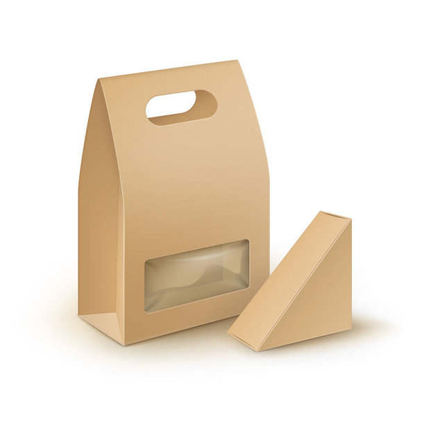 Διάνυσμα σύνολο του καφέ κενό χαρτόνι ορθογώνιο τρίγωνο λαμβάνουν μακριά λαβή μεσημεριανό κουτιά συσκευασίας για σάντουιτς, τροφίμων, δώρο, άλλα προϊόντα με πλαστικό παράθυρο Mock up εσωτερικη απομονωμένη σε λευκό φόντο - Διάνυσμα, εικόνα