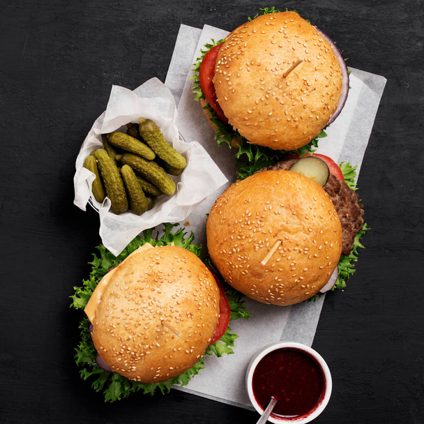 Three different burger with pickles and ketchup - Photo, Image