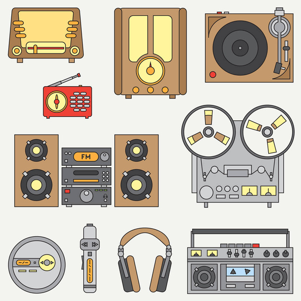 Line flat vector icon set with retro electrical audio devices. Analog broadcast. Music fan. Cartoon style. Nostalgia musical equipment. Vector illustration and element for your design. Communication. - Vettoriali, immagini