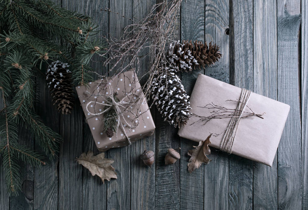 Christmas background with gift box on wooden planks - Fotó, kép