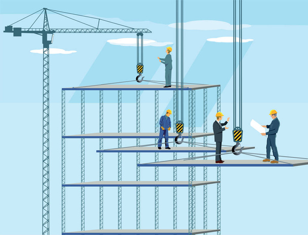 Construction building with Crane, workers and architect - Vector, Image