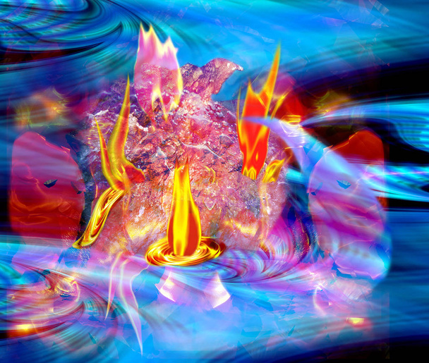 abstrakter Hintergrund mit brennendem Fels und Wasserwellen - Foto, Bild