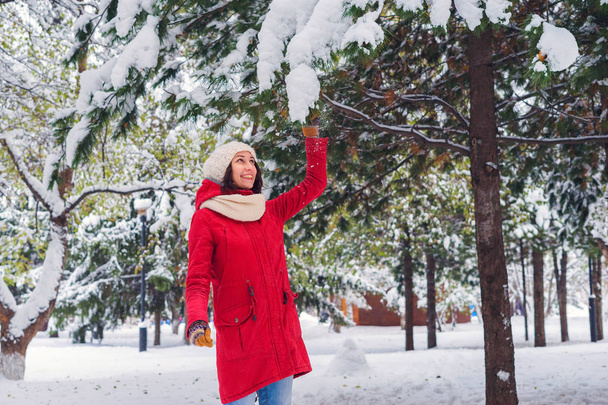Uma menina segurando um galho com neve
 - Foto, Imagem