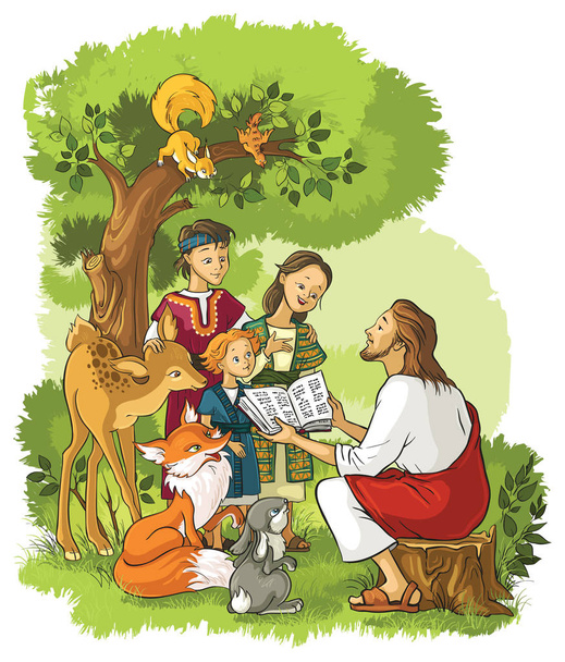 Jesus liest Kindern und Tieren die Bibel vor. auch in skizzierter Version verfügbar - Vektor, Bild