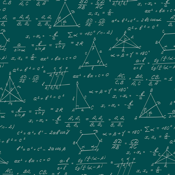 Seamless pattern on the theme of the subject of geometry , formulas, and charts of theorems , a bright outline on a green background - Vector, Image
