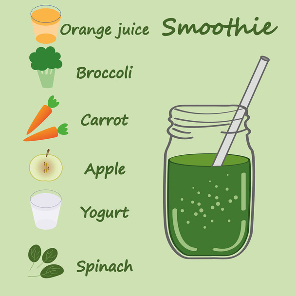 Zöld Smoothie recept. Illusztráció az összetevők. - Vektor, kép