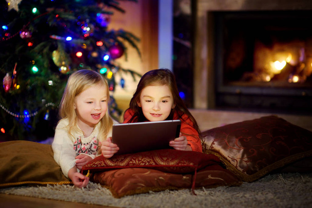 Two cute little sisters using a tablet pc  - Valokuva, kuva