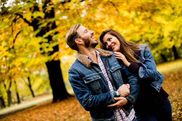 Loving couple in autumn park - Foto, afbeelding