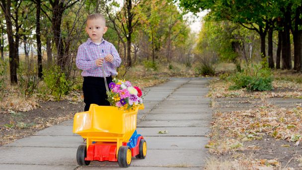 Small boy with yellow truck and flowers - Foto, Bild