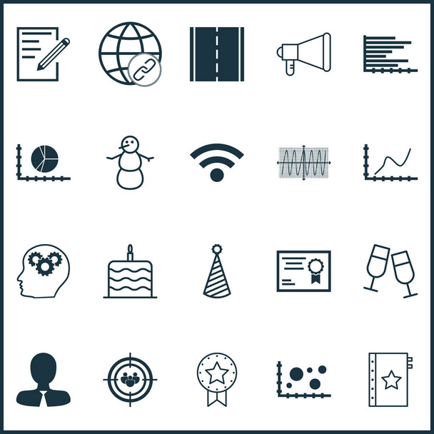 Set Of 20 Universal Editable Icons. Can Be Used For Web, Mobile And App Design. Includes Icons Such As Champagne Glasses, Cosinus Diagram, Connectivity And More. - Vector, Image