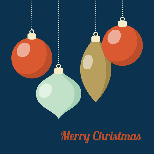 Retro Christmas greeting card, invitation. Hanging Christmas balls.  Flat design. Vector illustration background. - ベクター画像