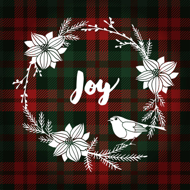 Christmas greeting card, invitation. Finch bird and white Christmas wreath made of poinsettia, fir branches. Tartan background - Vektor, obrázek