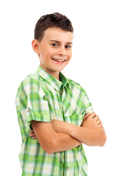 Portrait of a happy schoolboy, isolated on white - 写真・画像