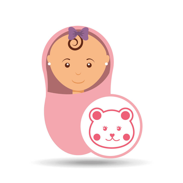 linda chica recién nacida en manta rosa y peluche
 - Vector, imagen