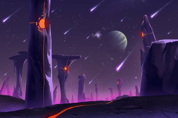 Ambiente fantastico ed esotico di Allen Planet: Stonehenge. Opera digitale CG del videogioco, Concetto illustrazione, Realistico sfondo stile cartone animato
 - Foto, immagini