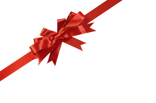 Corner diagonal red bow gift ribbon isolated on white  - Photo, Image