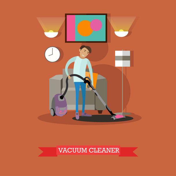 男は自分の部屋の床を掃除機します。クリーニング サービス概念ベクトル図. - ベクター画像