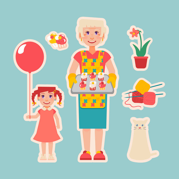 Mulher idosa preparou bolos para sua neta
 - Vetor, Imagem