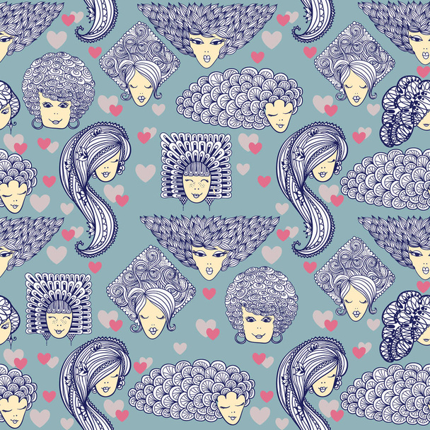 Sketches of girls with different hairstyles. Seamless pattern - Wektor, obraz