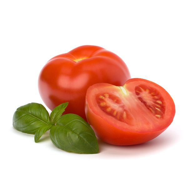Tomato and basil leaf - Foto, afbeelding