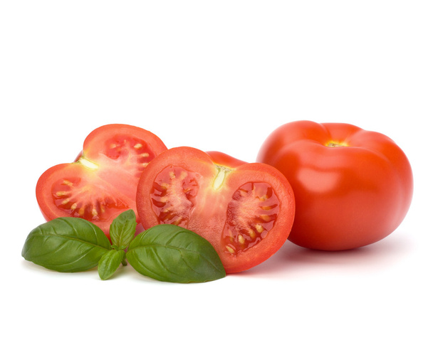 Tomato and basil leaf - Foto, afbeelding
