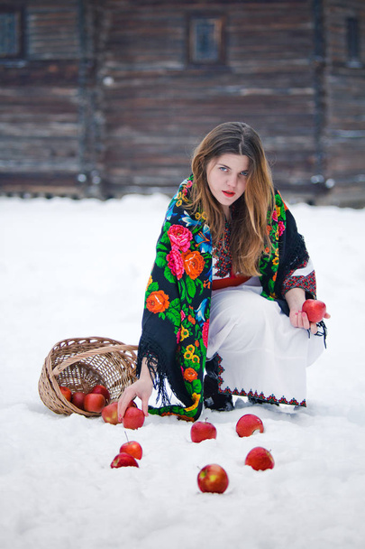 Fille ukrainienne en costume national avec un panier de pommes. Fond hivernal avec bâtiments ethniques
 - Photo, image