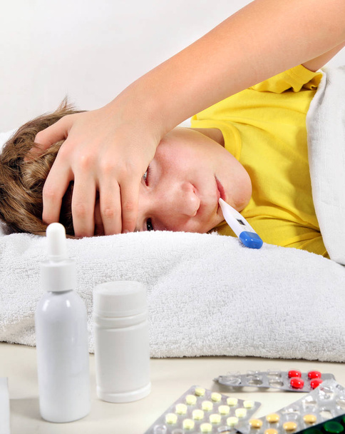 Sick Kid with Thermometer - Photo, Image