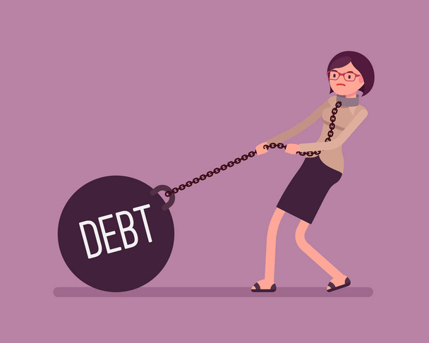Businesswoman dragging a weight Debt on chain - Vector, Image