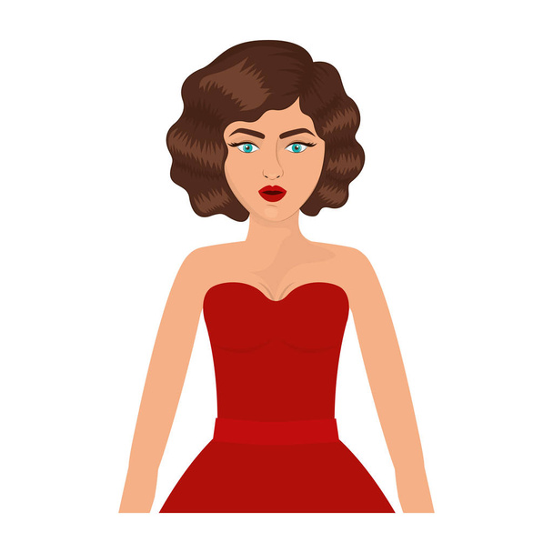 mujer de medio cuerpo con vestido de baile rojo y peinado de los ochenta
 - Vector, Imagen