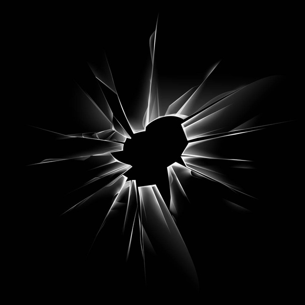 Ventana de vidrio roto transparente con bordes afilados y agujeros de bala Aislado sobre fondo negro oscuro
 - Vector, Imagen
