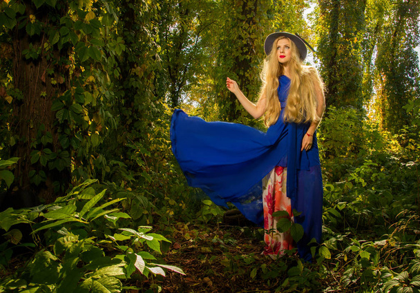  bir şapka ve mavi elbise sonbaharda poz uzun saçlı kız fo - Fotoğraf, Görsel