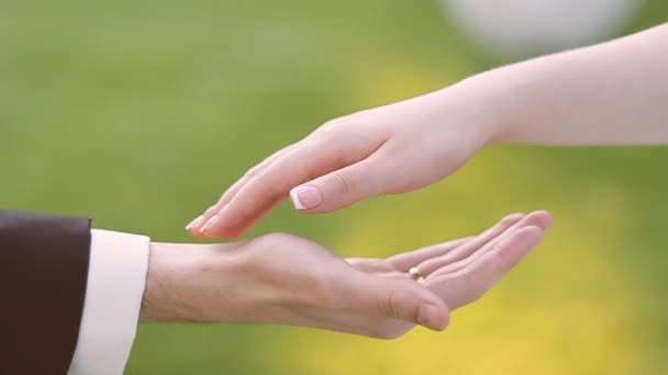 Γυναικείο χέρι αγγίζει επανδρώνει το χέρι - Πλάνα, βίντεο