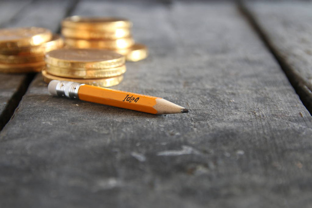 Concepto de idea de negocio. Monedas de lápiz y oro
. - Foto, imagen