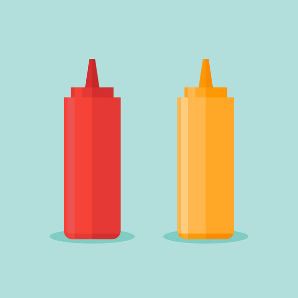 Flessen van ketchup en mosterd geïsoleerd op blauwe achtergrond. Vectorillustratie. - Vector, afbeelding