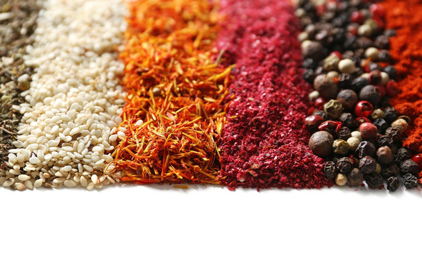 Mix of different spices in lines, closeup - Фото, зображення