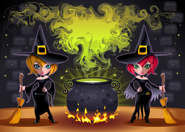 Funny witches with pot. - Vector, Image