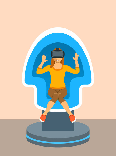 Frau mit Virtual-Reality-Brille im Stuhlsimulator - Vektor, Bild