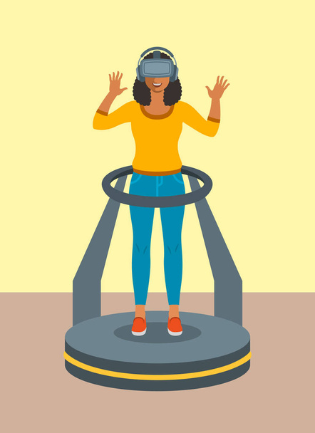 Mulher com óculos de realidade virtual na plataforma do controlador de jogo
 - Vetor, Imagem