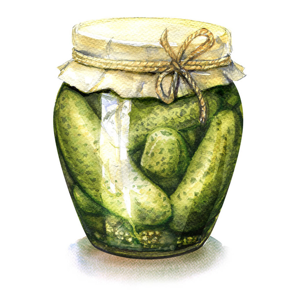 Házi pácolt, egy konzerv uborka pohár jar elszigetelt, akvarell illusztráció - Fotó, kép