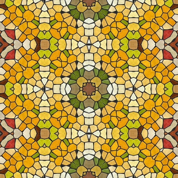 Yellow seamless tiles. New seamless texture of abstract fabric. Arabic tile texture with geometric ornaments. Texture oriental carpets. Mosaic from glass shards. - Photo, Image